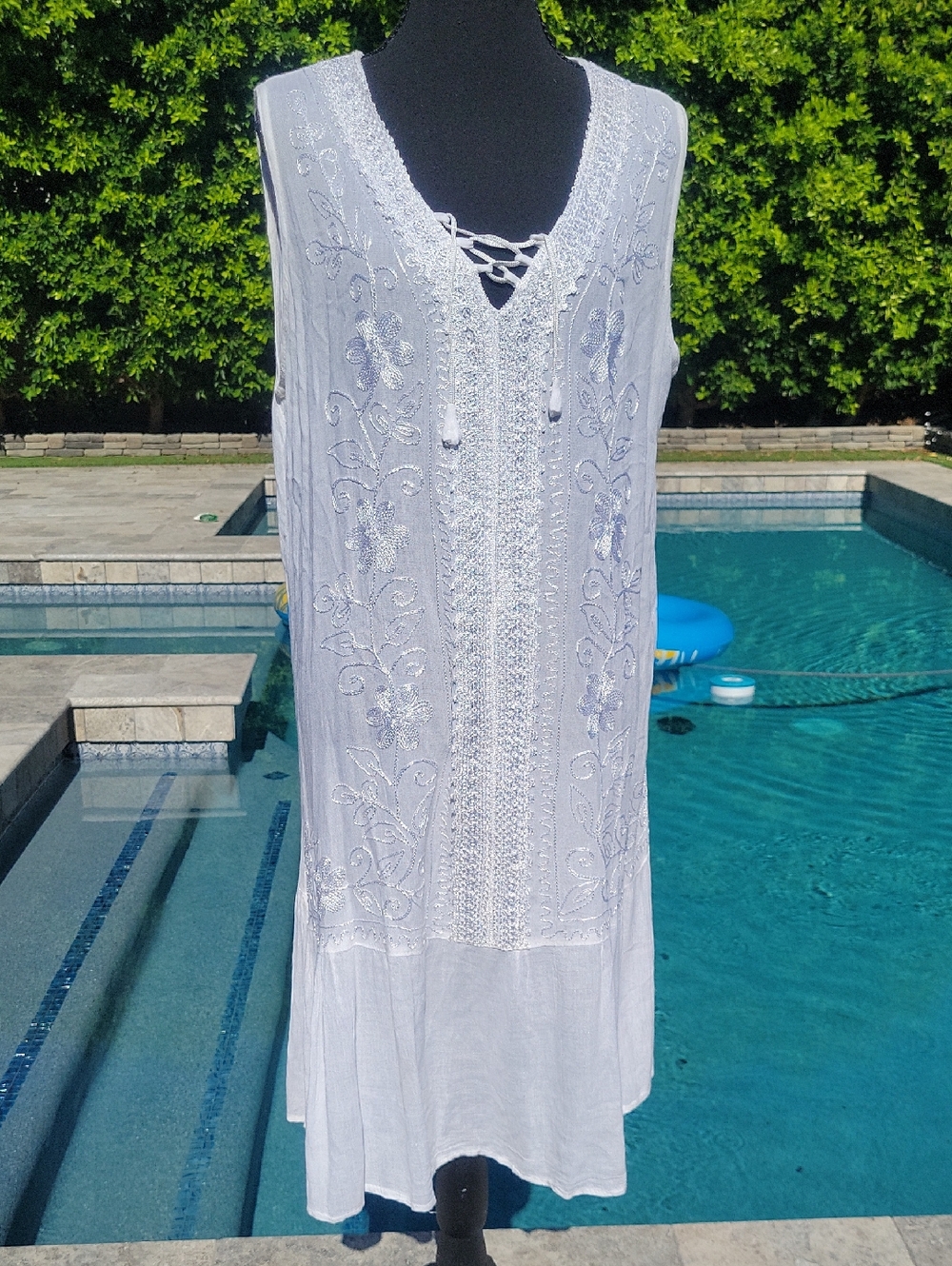 Vintage Inspired White Boho Embroidered Sheer Sleeveless Dress / Coverup